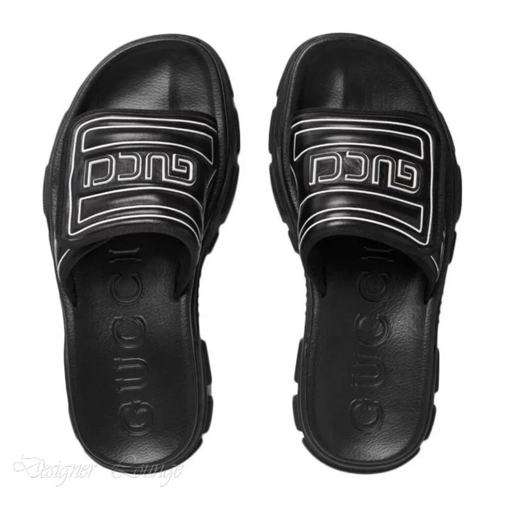NEW GUCCI Aguru Black Leather & Rubber Logo Sandals Slides G 11 / US 11.5